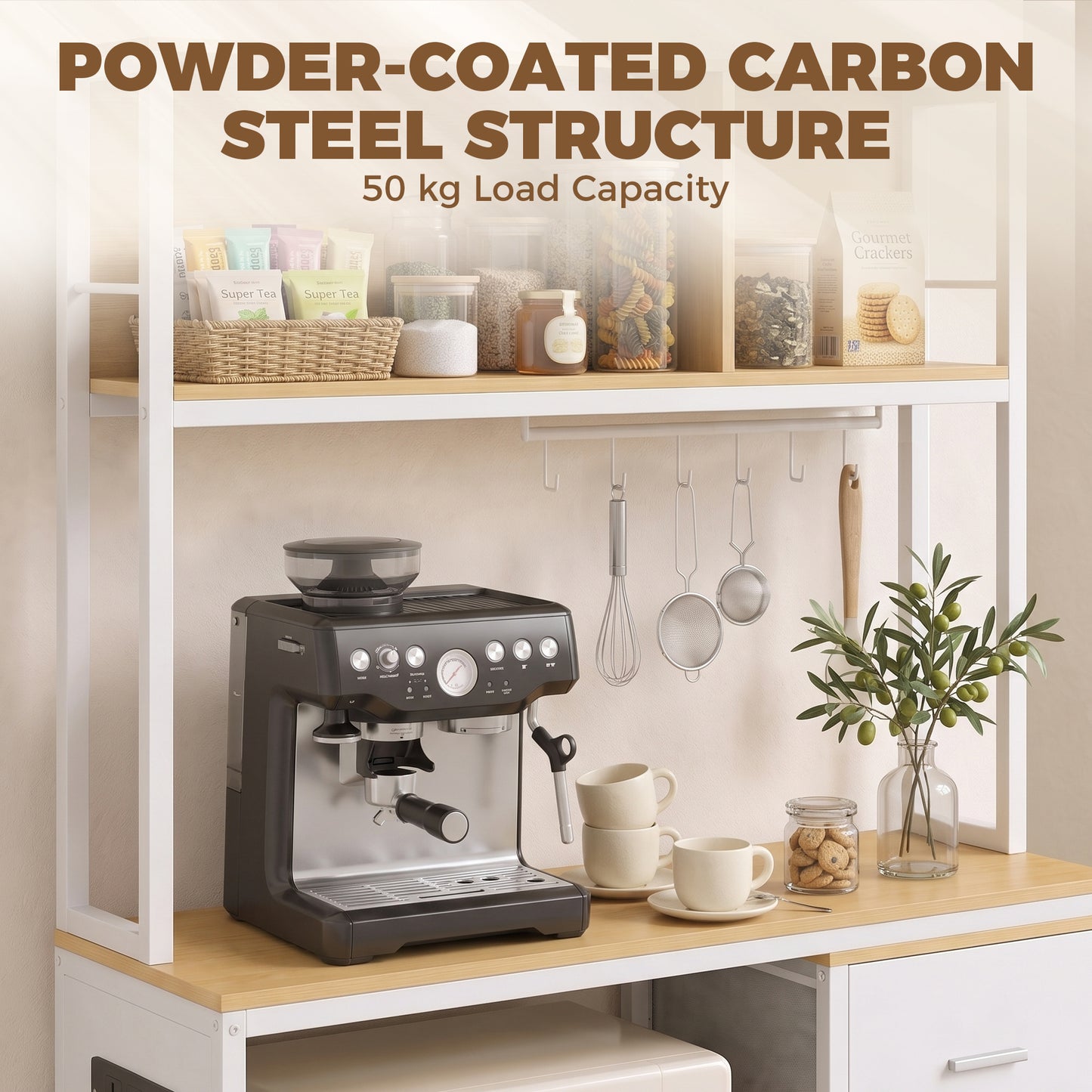 Homcom Kitchen Storage Rack With USB Outlet Drawer Oak White