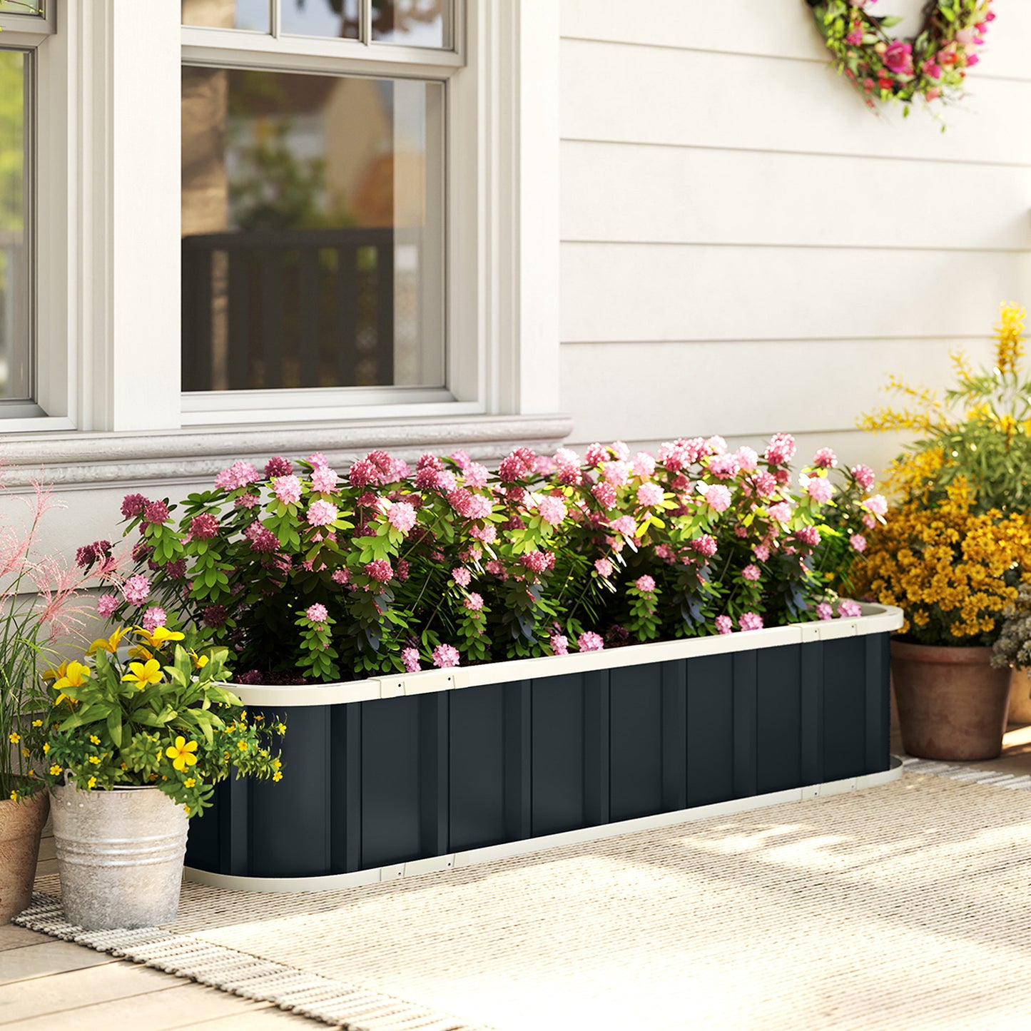 Outsunny Galvanised Raised Garden Bed Steel Planter Open Bottom Design With Folded Edges And Gloves Dark Grey