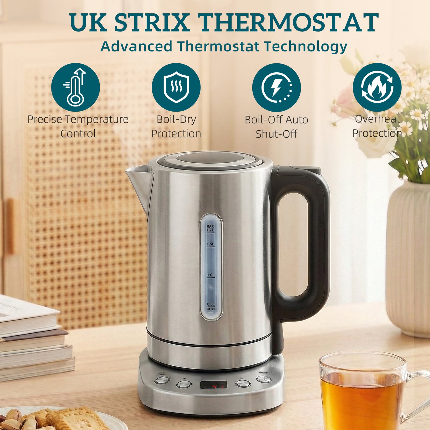 HOMCOM Electric Kettle 1.7L 3000W Fast Boil With UK Strix Thermostat Keep Warm Function LCD Base Silver Tone