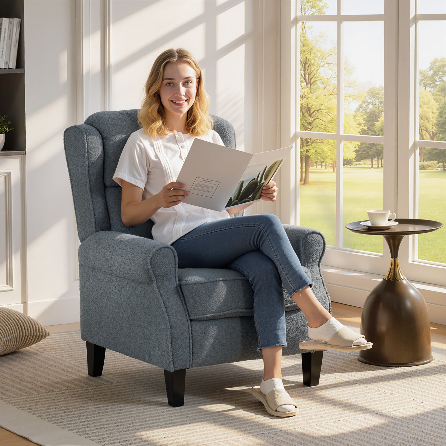 HOMCOM Recliner Armchair With Extended Leg Rest Grey Teddy Fleece Fabric For Tall People 132 Degree Manual Recline