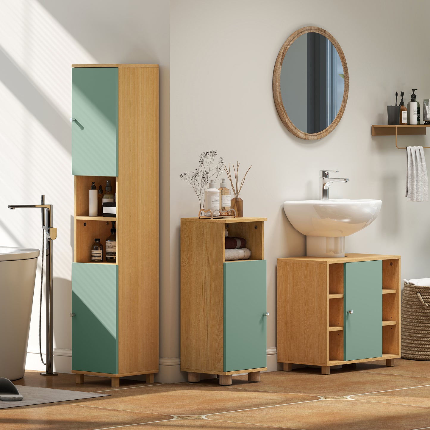 HOMCOM Tall Bathroom Cabinet With Adjustable Shelves And Open Shelves In Green Color
