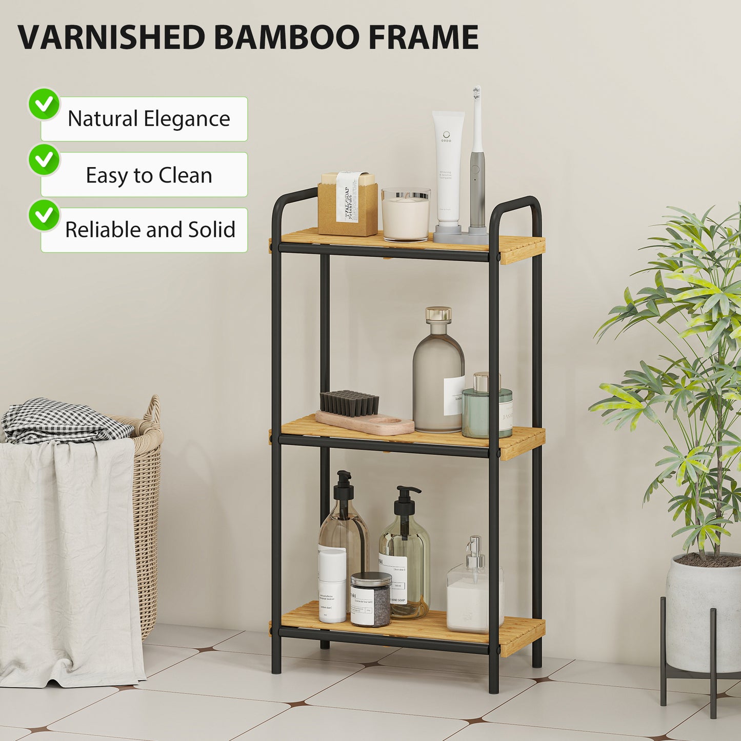 HOMCOM 3 Tier Bamboo Bathroom Storage Shelf Freestanding Narrow Shelving Unit With Slatted Shelves Natural Black