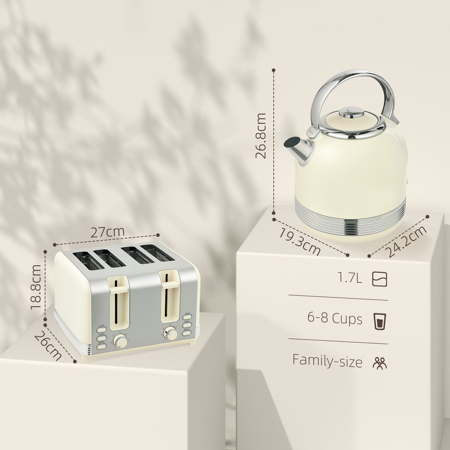 HOMCOM Cream Polished Stainless Steel Kettle and Toaster Set With Fast Boil 3000 Watt Kettle and Four Slice Toaster