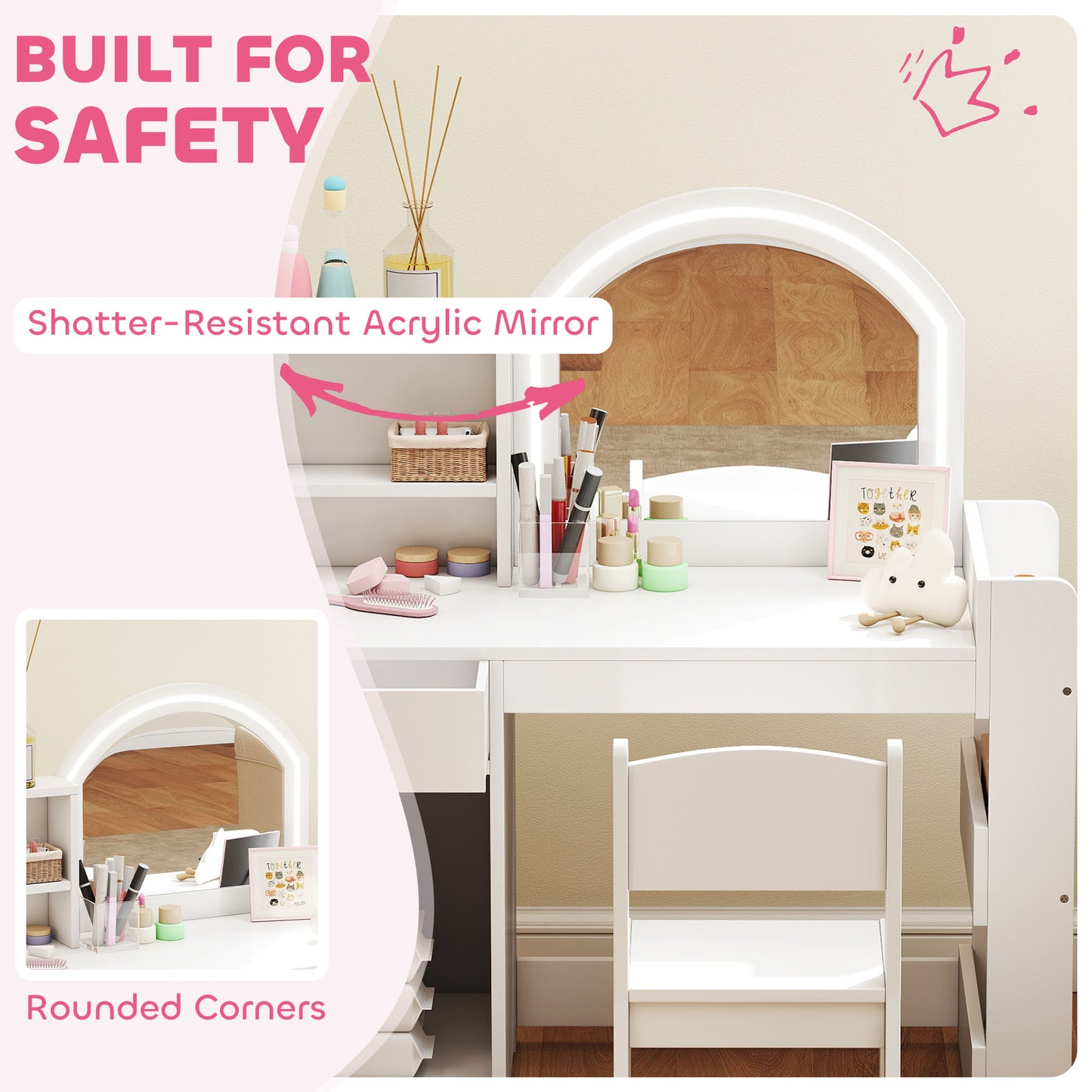 AIYAPLAY Girls Dressing Table And Chair Set With 2 Colour LED Mirror Stool Cabinet Drawers And Shelves White