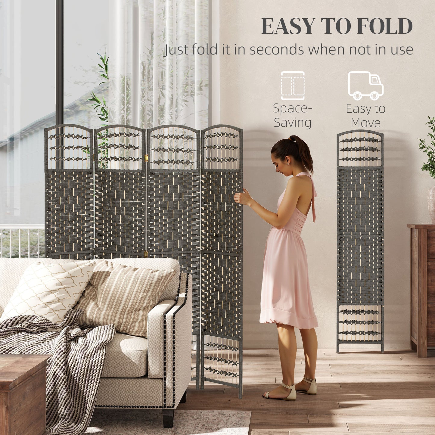 HOMCOM 4 Panel Folding Privacy Screen Room Divider With Pine Wood Frame For Living Room And Office Dark Grey