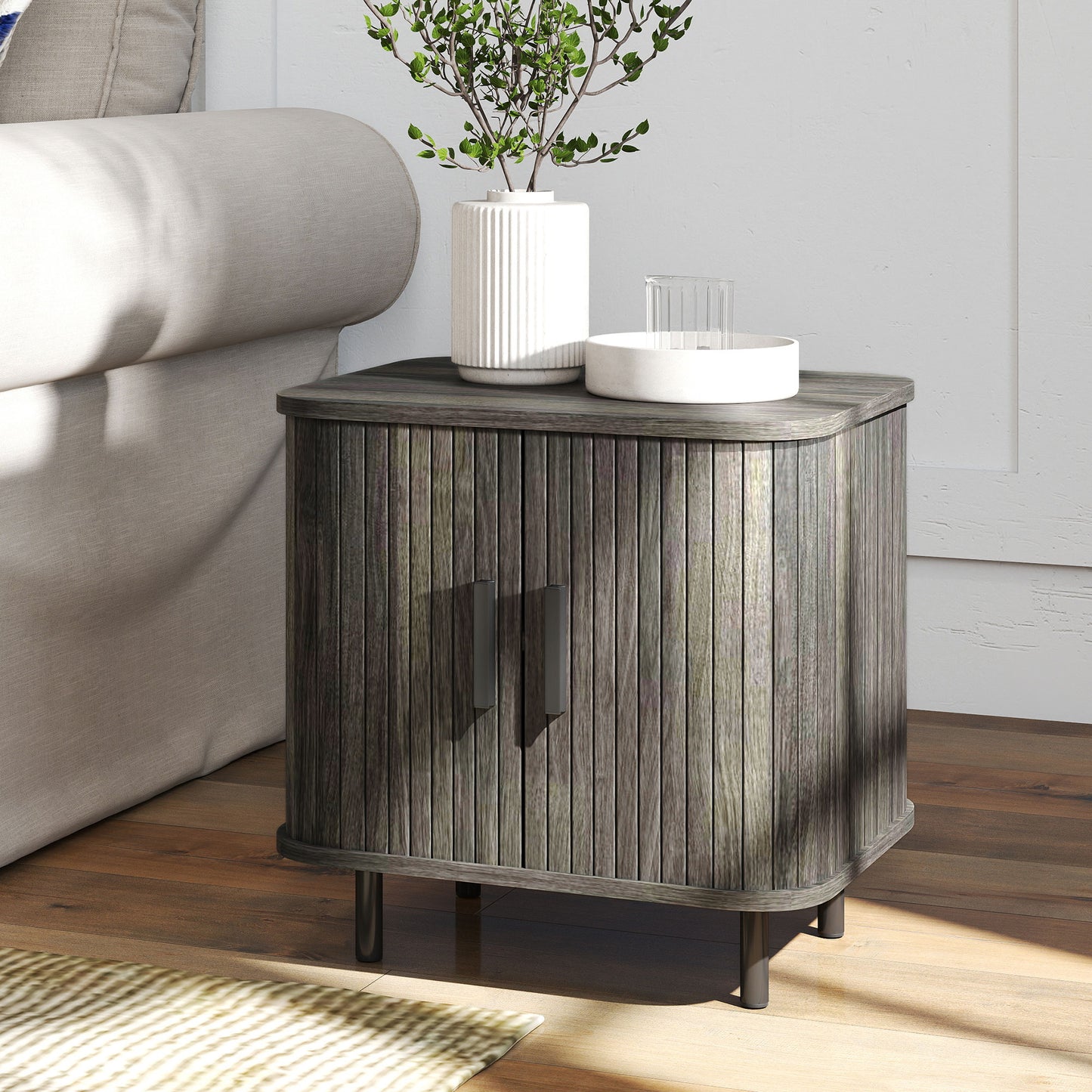 HOMCOM Nightstand With Sliding Doors And Metal Legs Grey Two Tier Bedside Table Nordic End Table