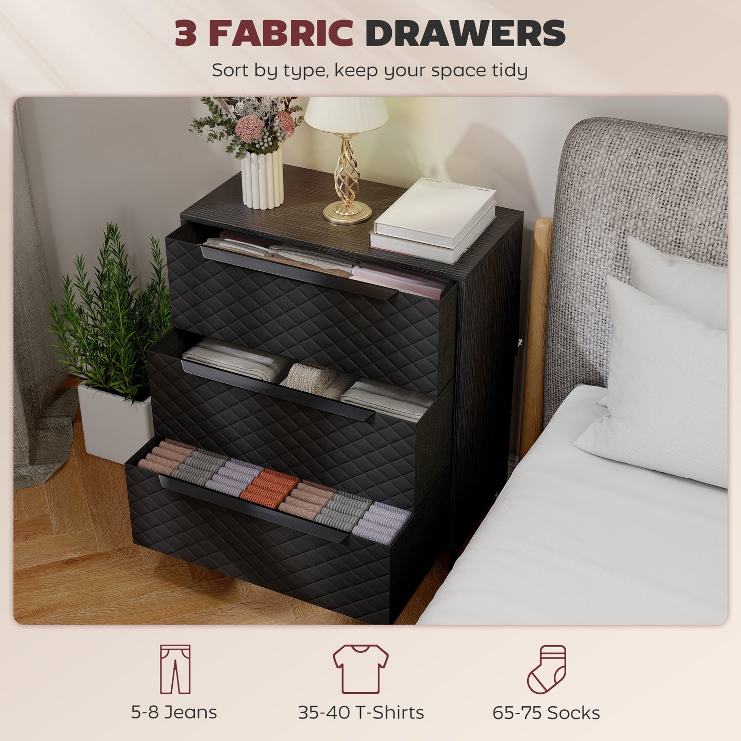 HOMCOM Chest Of Drawers With 3 Fabric Drawers And Aluminium Handles Black Modern Bedroom Storage