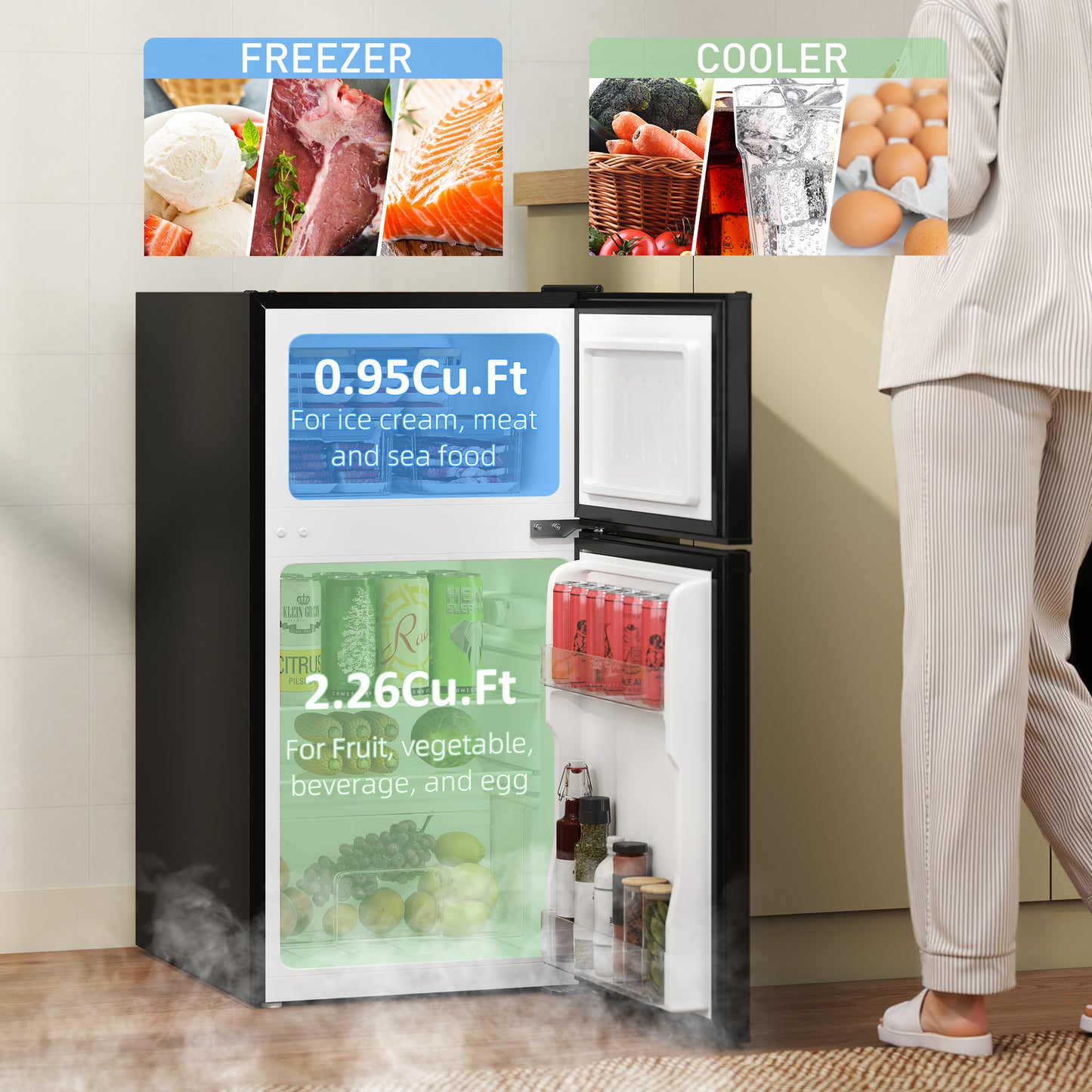 HOMCOM 88L Under Counter Fridge Freezer Black 25L Freezer 63L Fridge 5 Setting Temperature