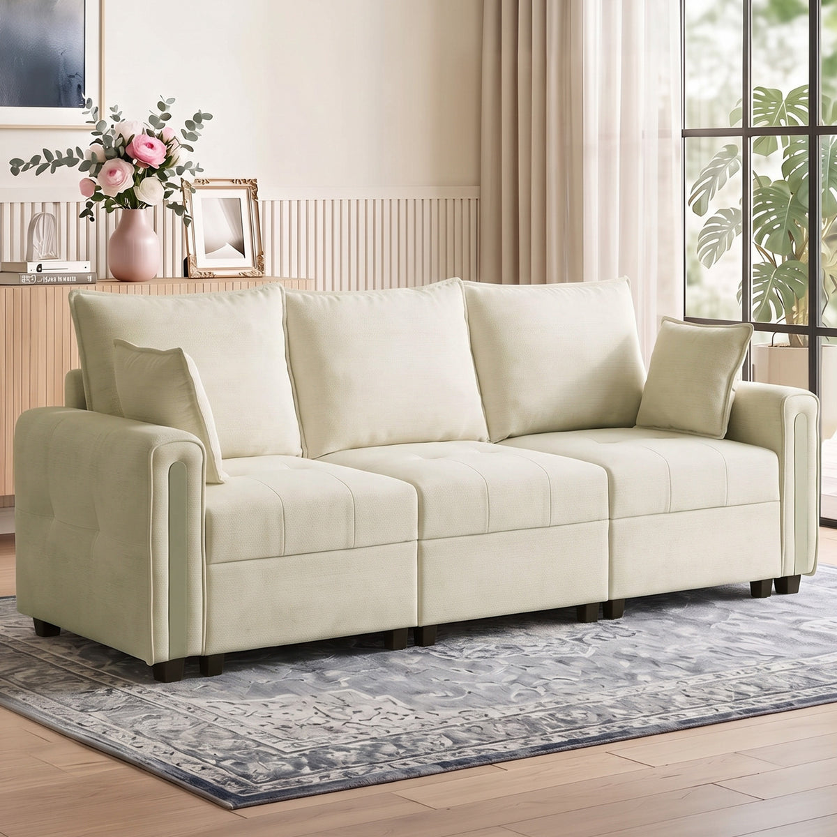 Beige 3-seat velvet sofa with armrests and three seat back cushions