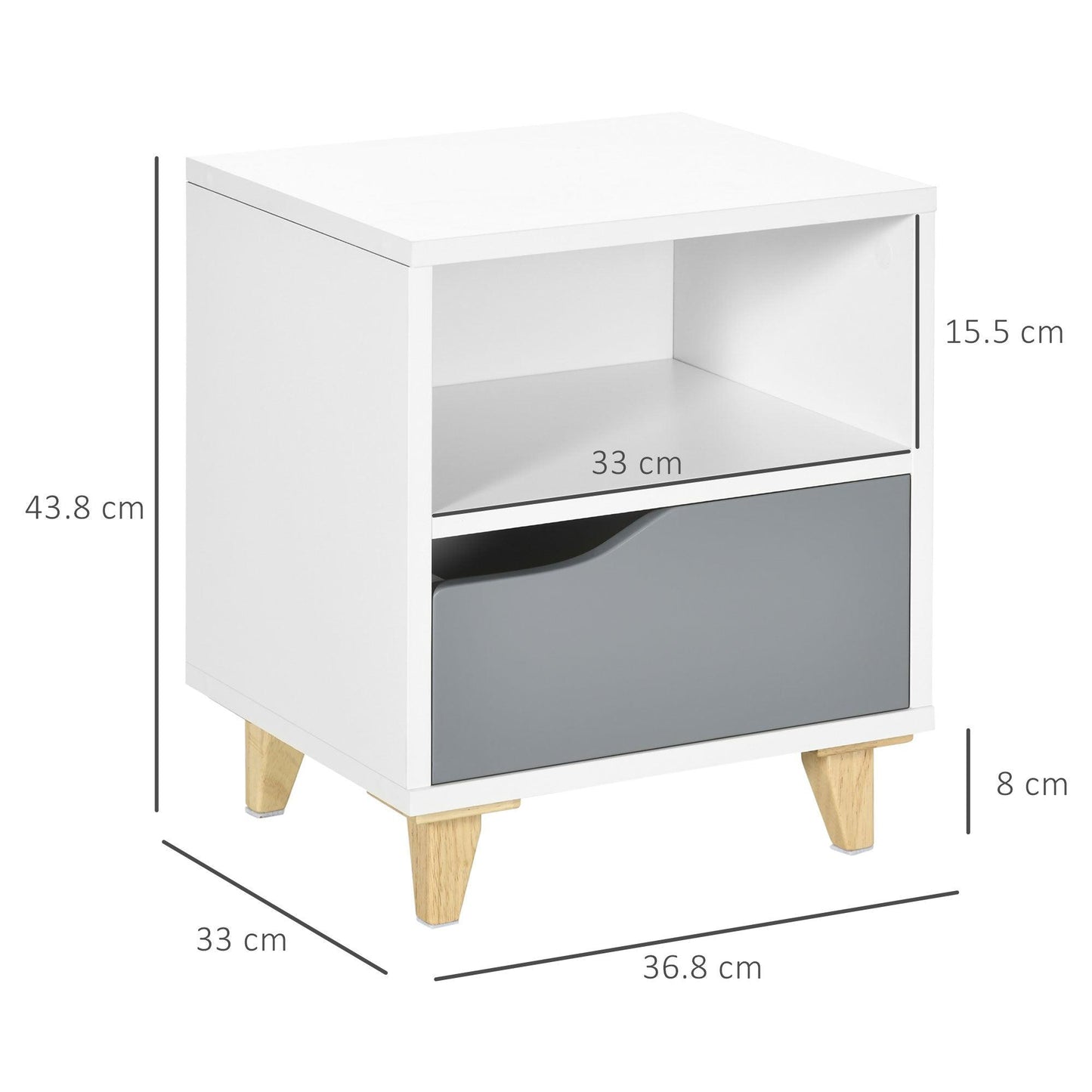 HOMCOM Modern Bedside Table, Drawer, Shelf, Wood Legs, White/Grey, 36.8x33x43.8cm - ALL4U RETAILER LTD