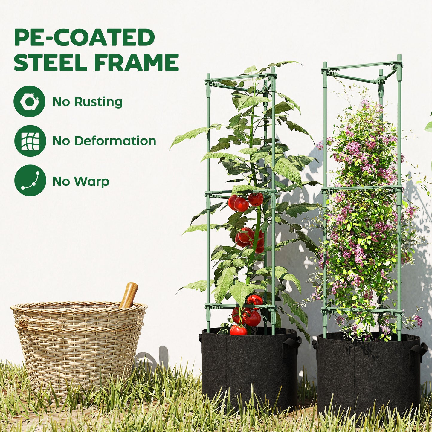 Outsunny 3 Pack Tomato Cages With 83.7L Grow Bags 120cm Adjustable Triangle Plant Stakes Trellis And Planter Bags