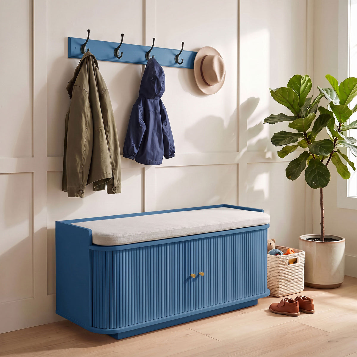 HOMCOM Hallway Storage Unit With Shoe Cabinet Bench And 5 Coat Hooks Blue