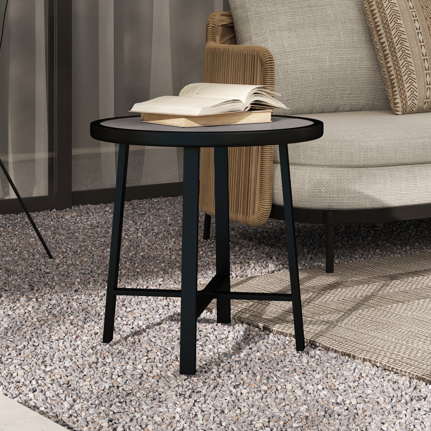 Outsunny Round Garden Table 50.5cm With SPC Tabletop Powder Coated Metal Frame Grey Wood Effect Anti Slip Feet