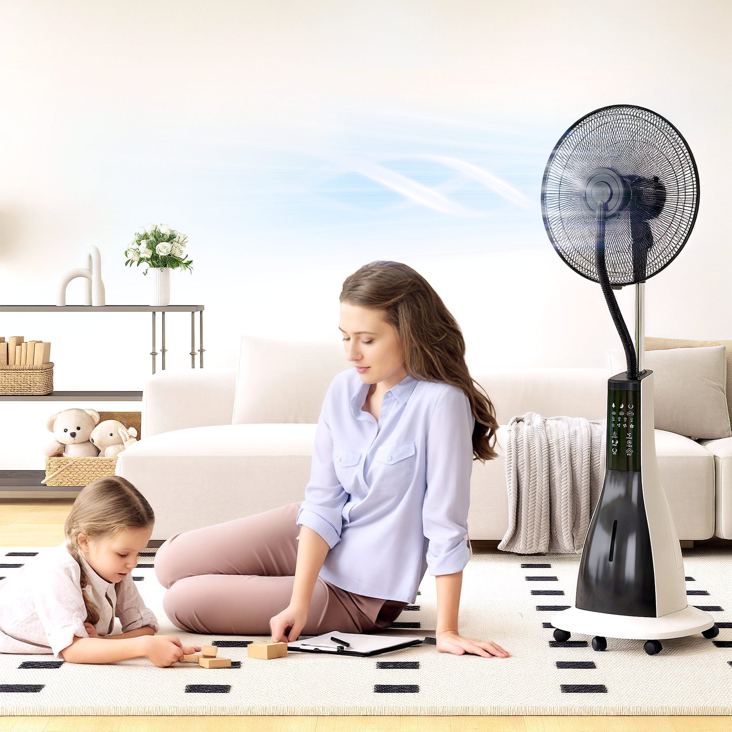 HOMCOM Pedestal Misting Fan With Water Spray Remote 75 Degree Oscillation 3 Speeds 3 Modes 3 Mist Levels 3L Tank Wheels