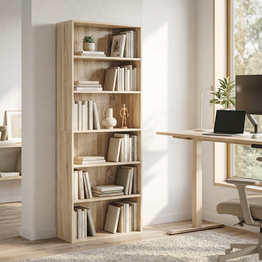 HOMCOM freestanding 6-tier bookshelf, oak finish with open square shelves for books