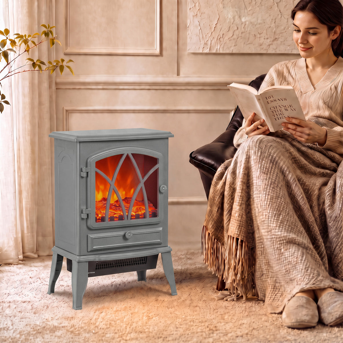 HOMCOM 1KW To 2KW Vintage Electric Fireplace Heater Grey With Thermostat