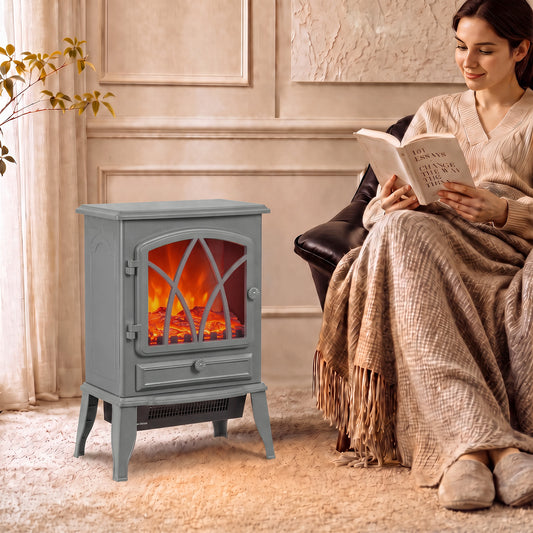 Grey vintage electric fireplace heater with glass front and curved legs