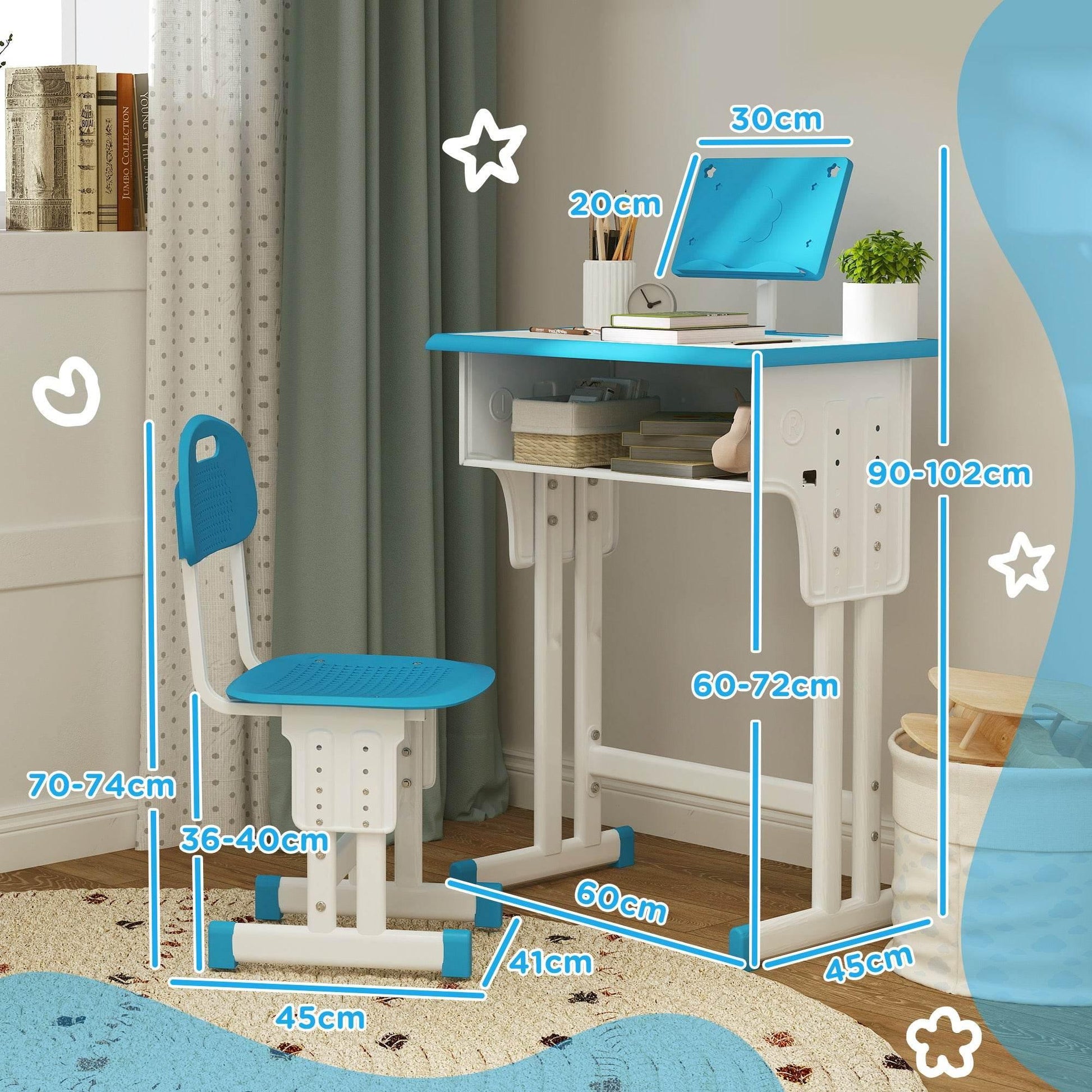HOMCOM Blue Kids Study Desk and Chair Set with Storage, Adjustable Height and Book Stand - ALL4U RETAILER LTD