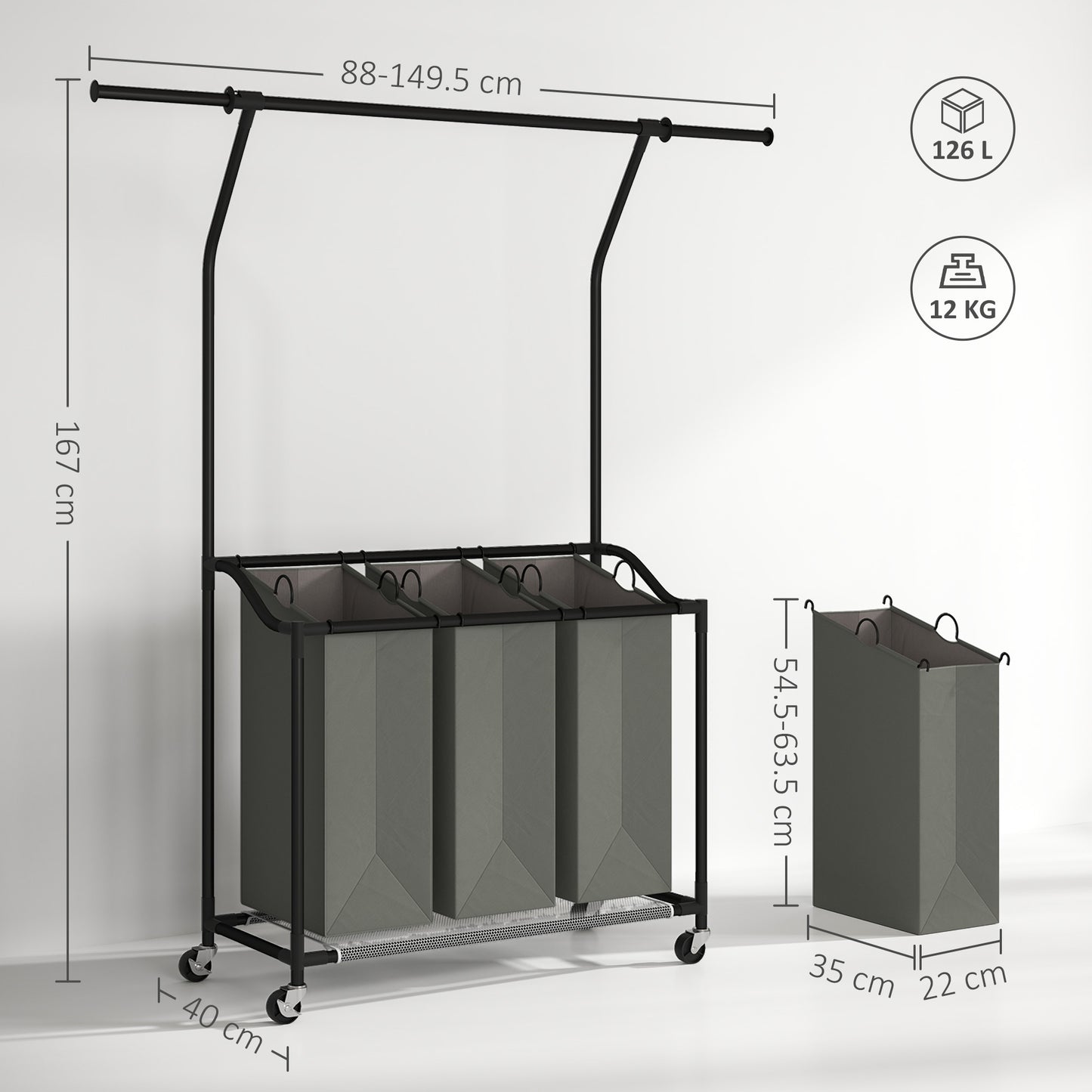 HOMCOM 3x 42L Laundry Basket Unit With Hanging Rail On Wheels Black And Grey With Four Wheels And Brakes