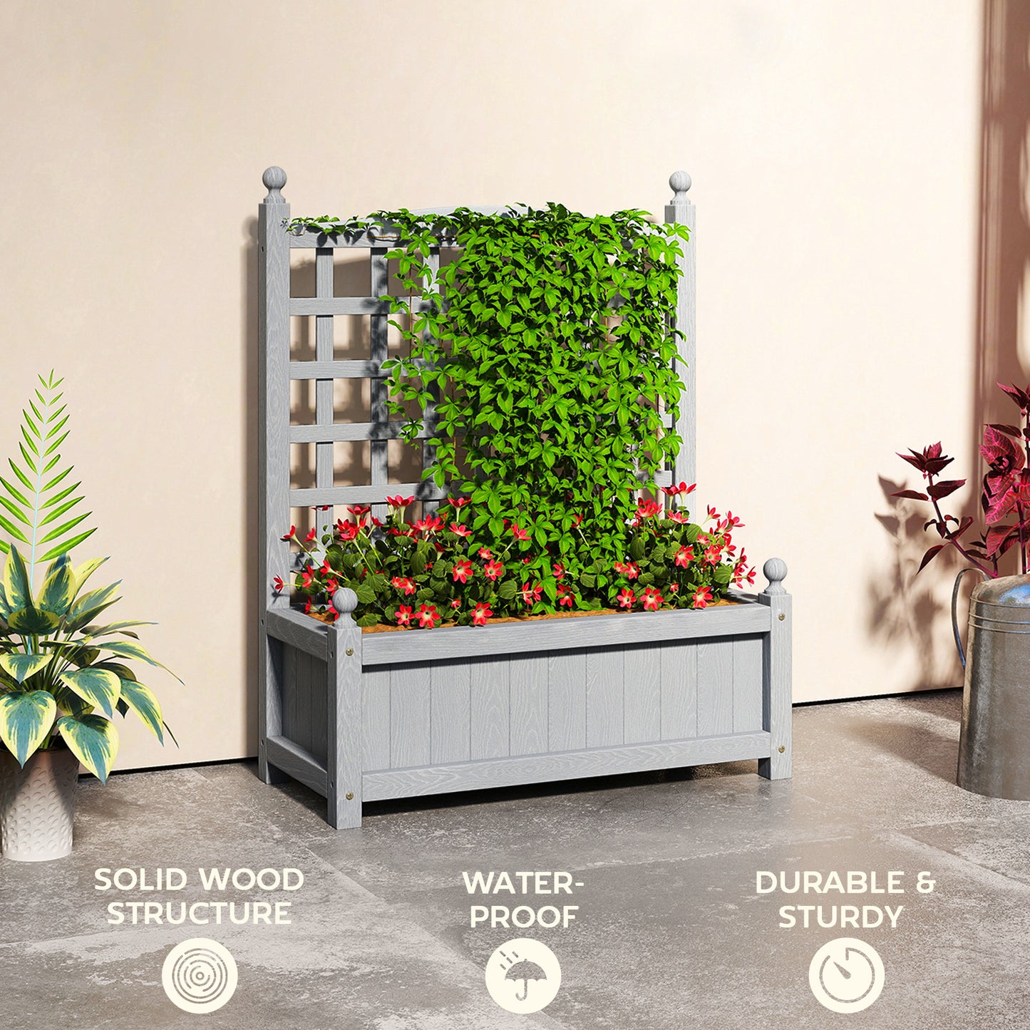 Outsunny Garden Planters With Trellis For Climbing Vines Wood Raised Beds Indoor Outdoor Grey