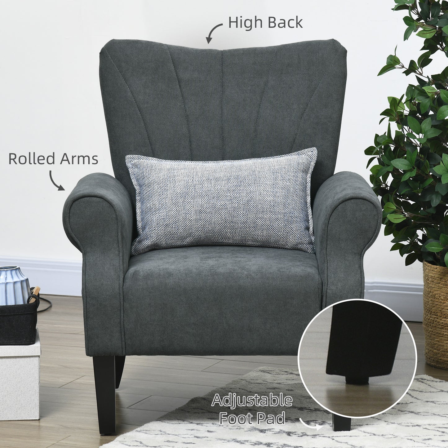 HOMCOM Upholstered Accent Chair High Back Rolled Arms Wood Legs Soft Thick Padded Armchair Grey - ALL4U RETAILER LTD