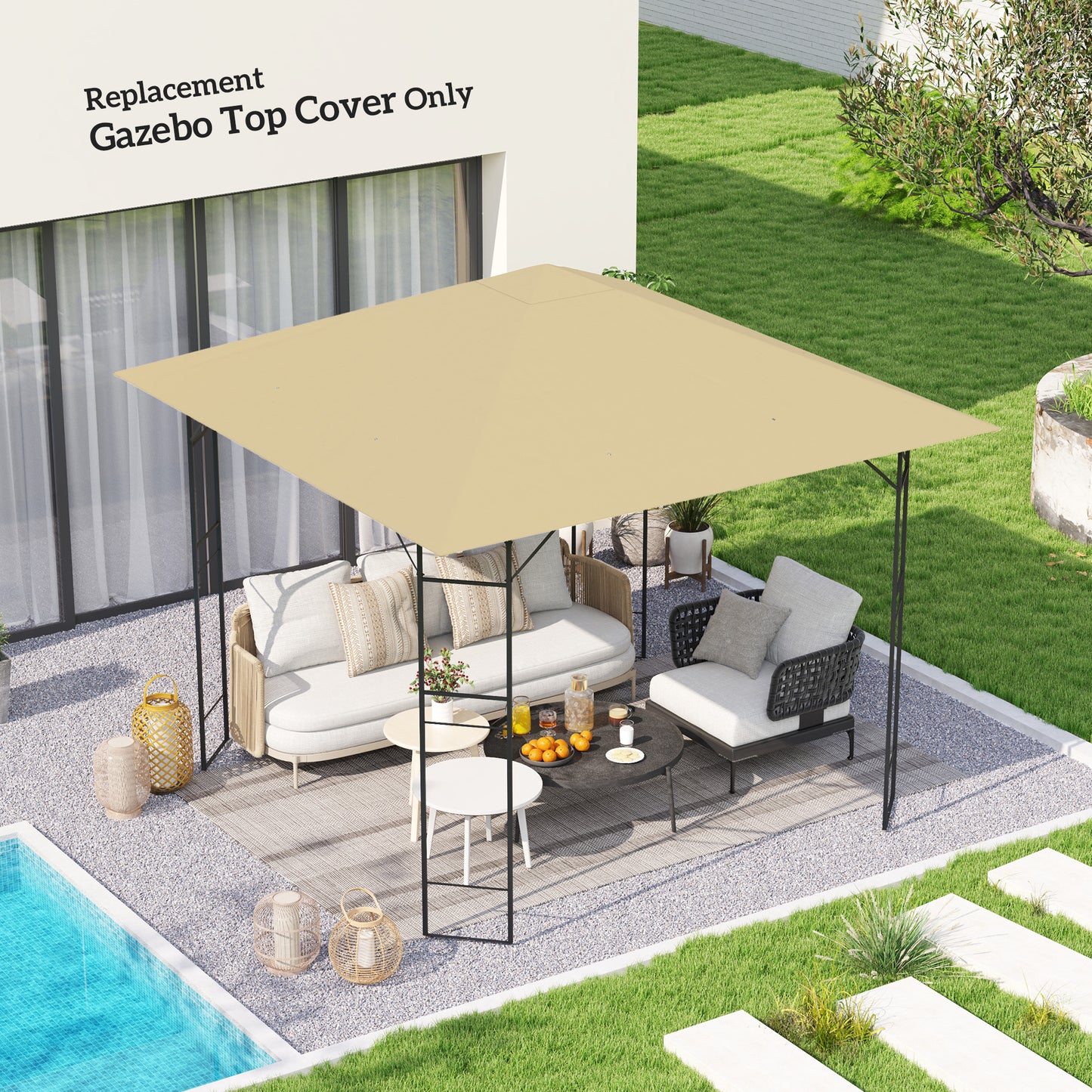 Outsunny 3x3m Gazebo Replacement Canopy Top Beige With Drain Holes UPF30 Water Resistant PVC Coating Top Cover Only
