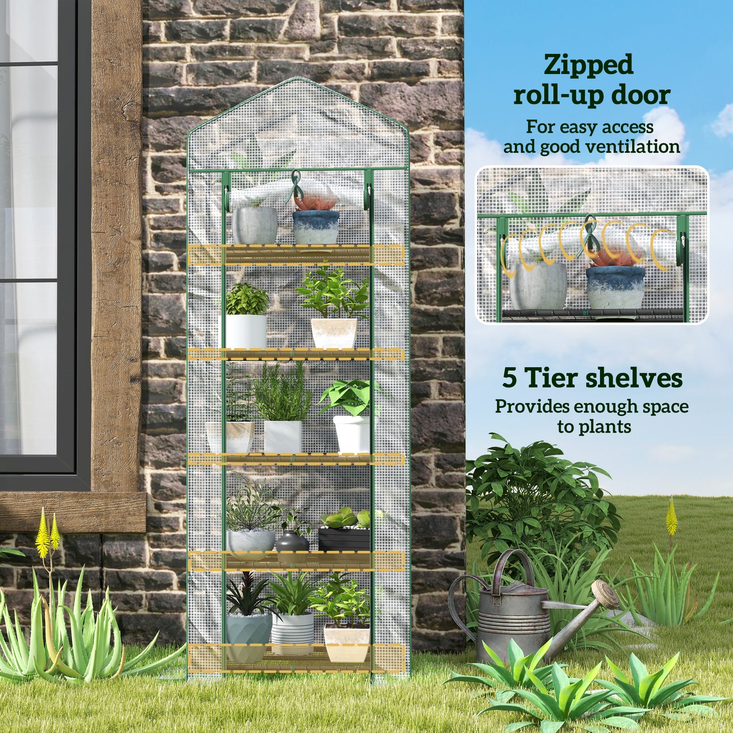 Outsunny 193cm Five Shelf Mini Greenhouse White with Roll Up Door for Small Spaces Balcony Porch