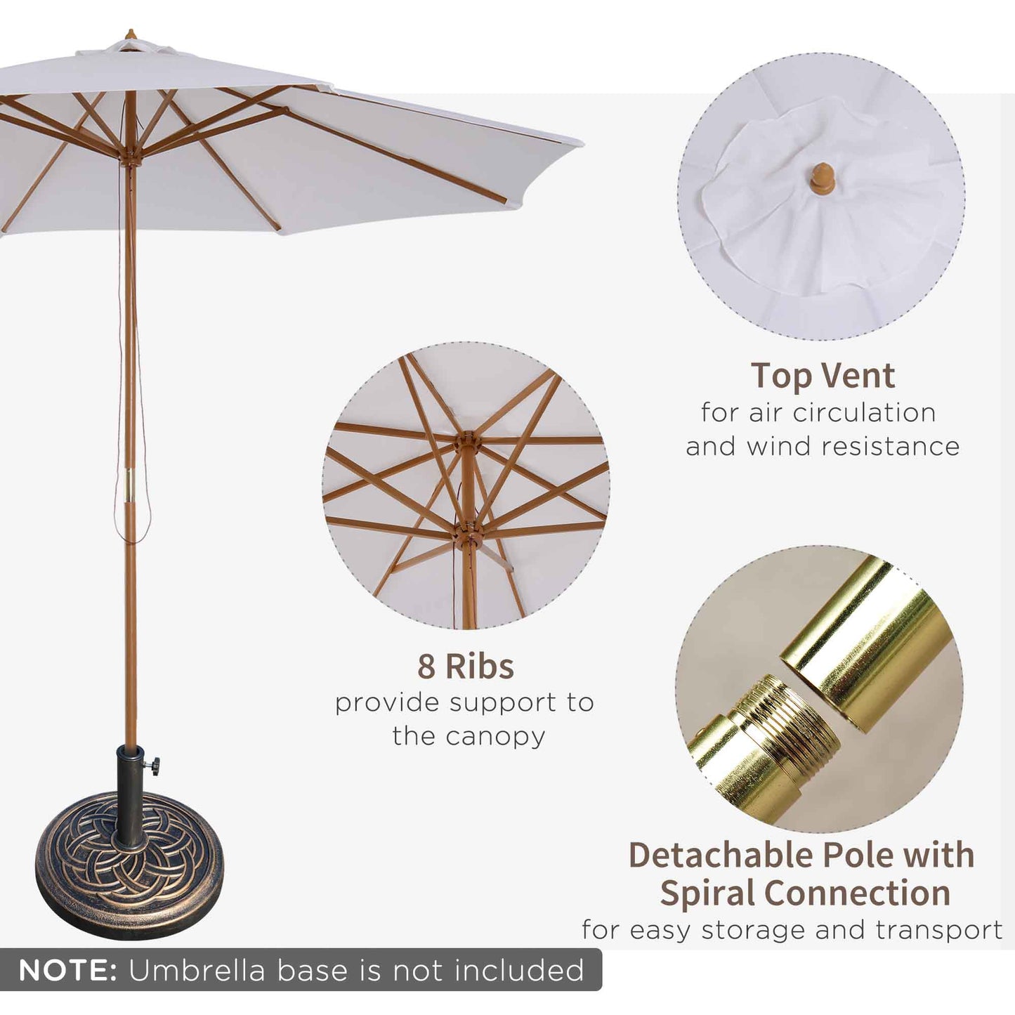 Outsunny 3 M Garden Parasol With Base Rope Pulley Mechanism 8 Rib Wooden Patio Umbrella White
