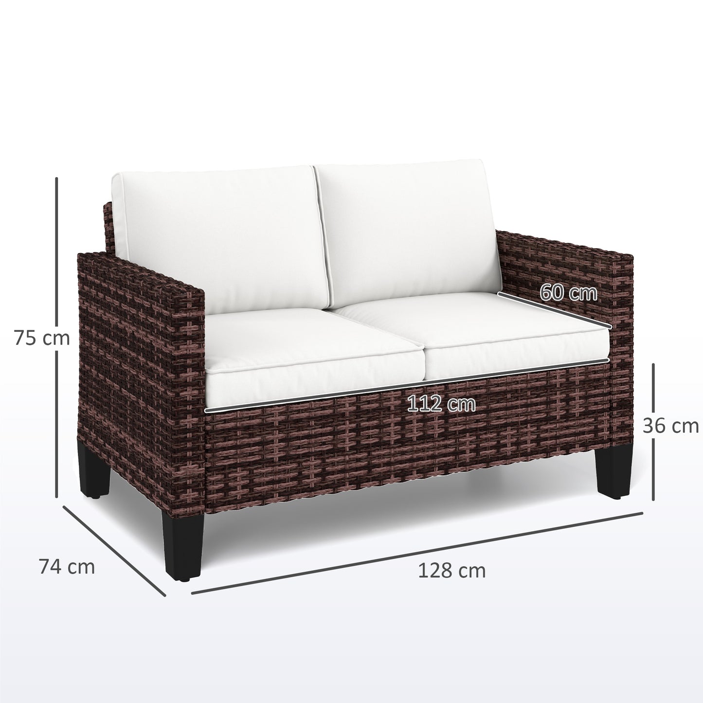 Outsunny Two Seater Rattan Outdoor Sofa Brown With Cushions And Adjustable Feet