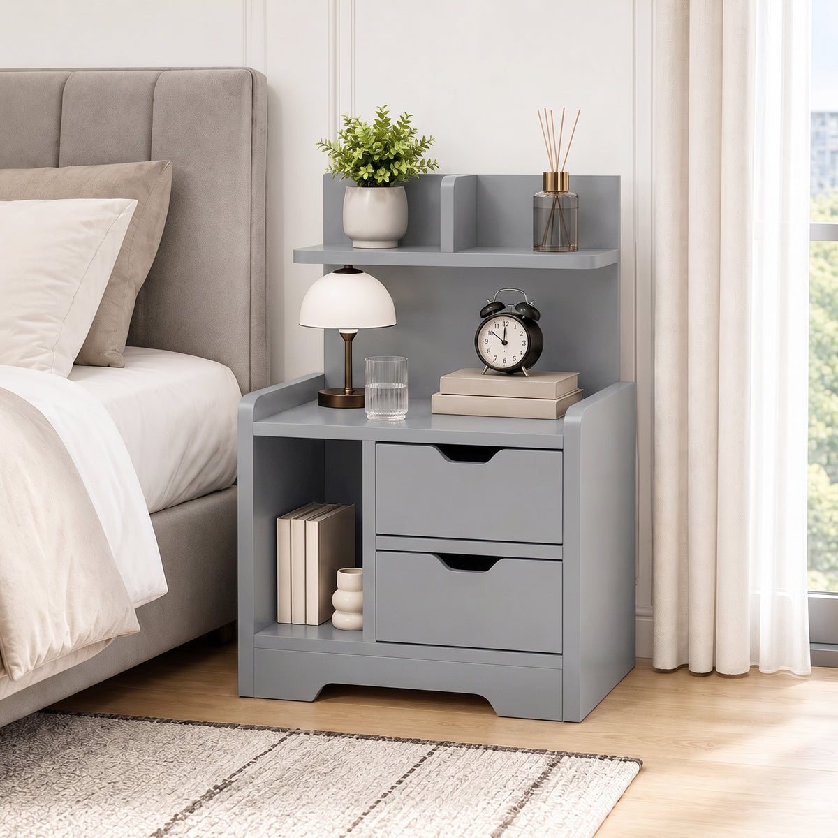 HOMCOM Grey Bedside Table with 2 Drawers and Open Storage Shelves for Bedroom