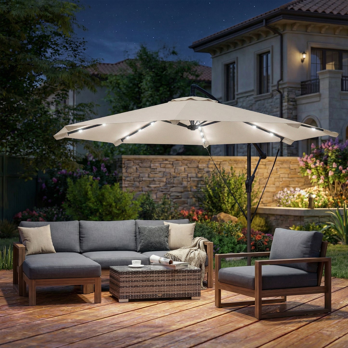 Outsunny 3 Meter Cantilever Parasol With Solar LED Lights Garden Umbrella Cream White Cross Base