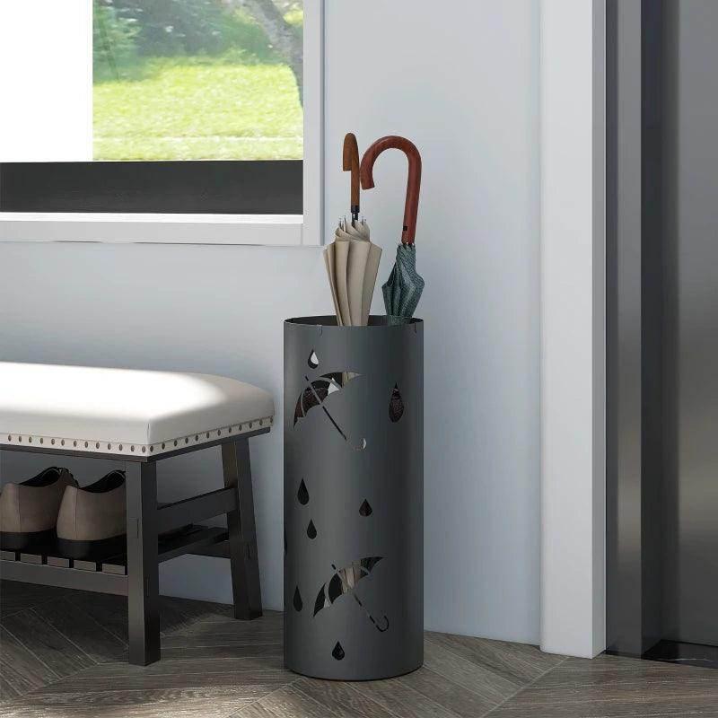 Round dark grey umbrella stand with drip tray and umbrella cutout pattern
