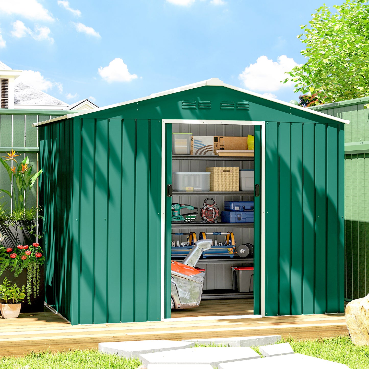 Outsunny 8 By 6 Feet Galvanised Steel Shed With Double Doors Green Garden Storage