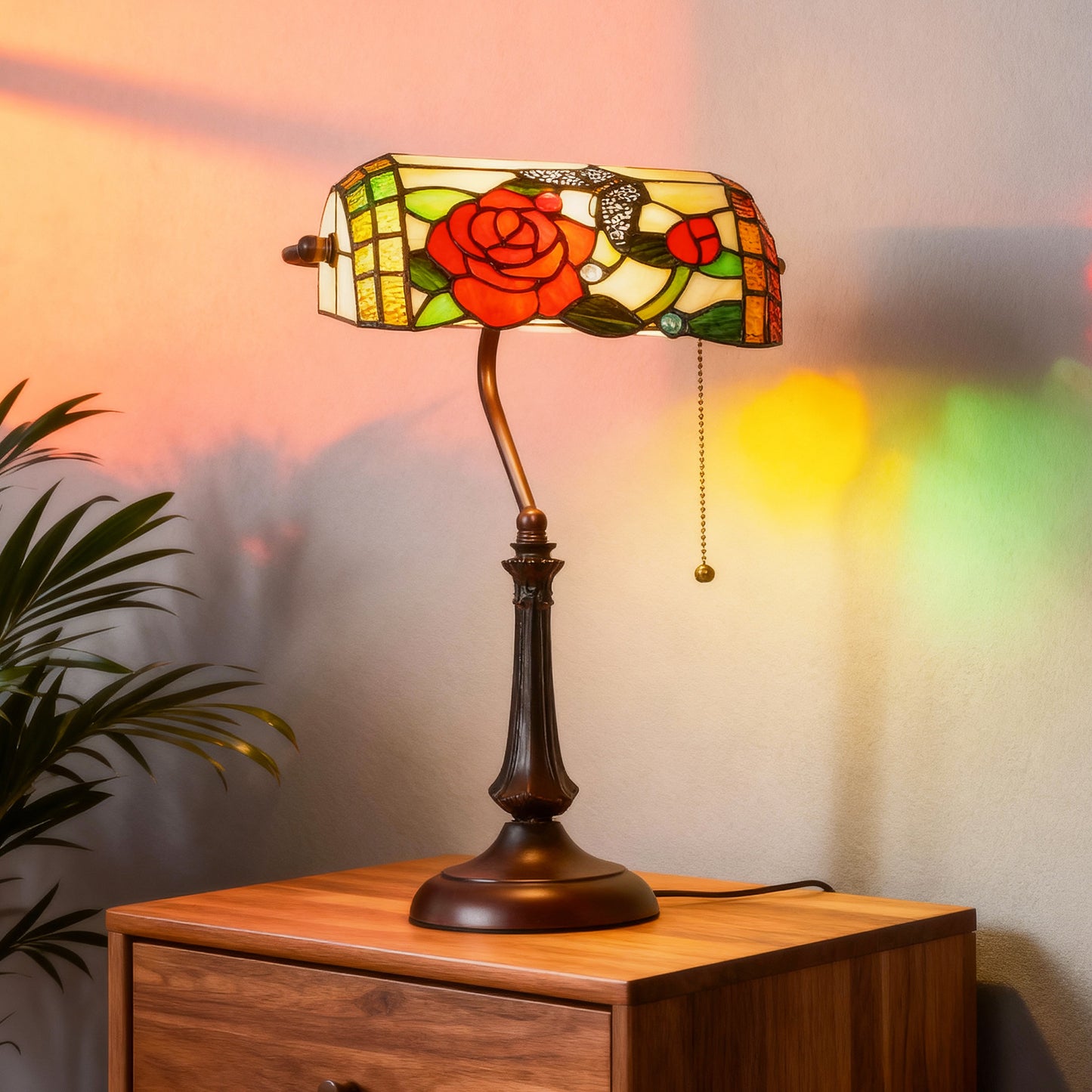 HOMCOM Tiffany Style Rose and Butterfly Table Lamp Multicolored Handmade Glass Shade