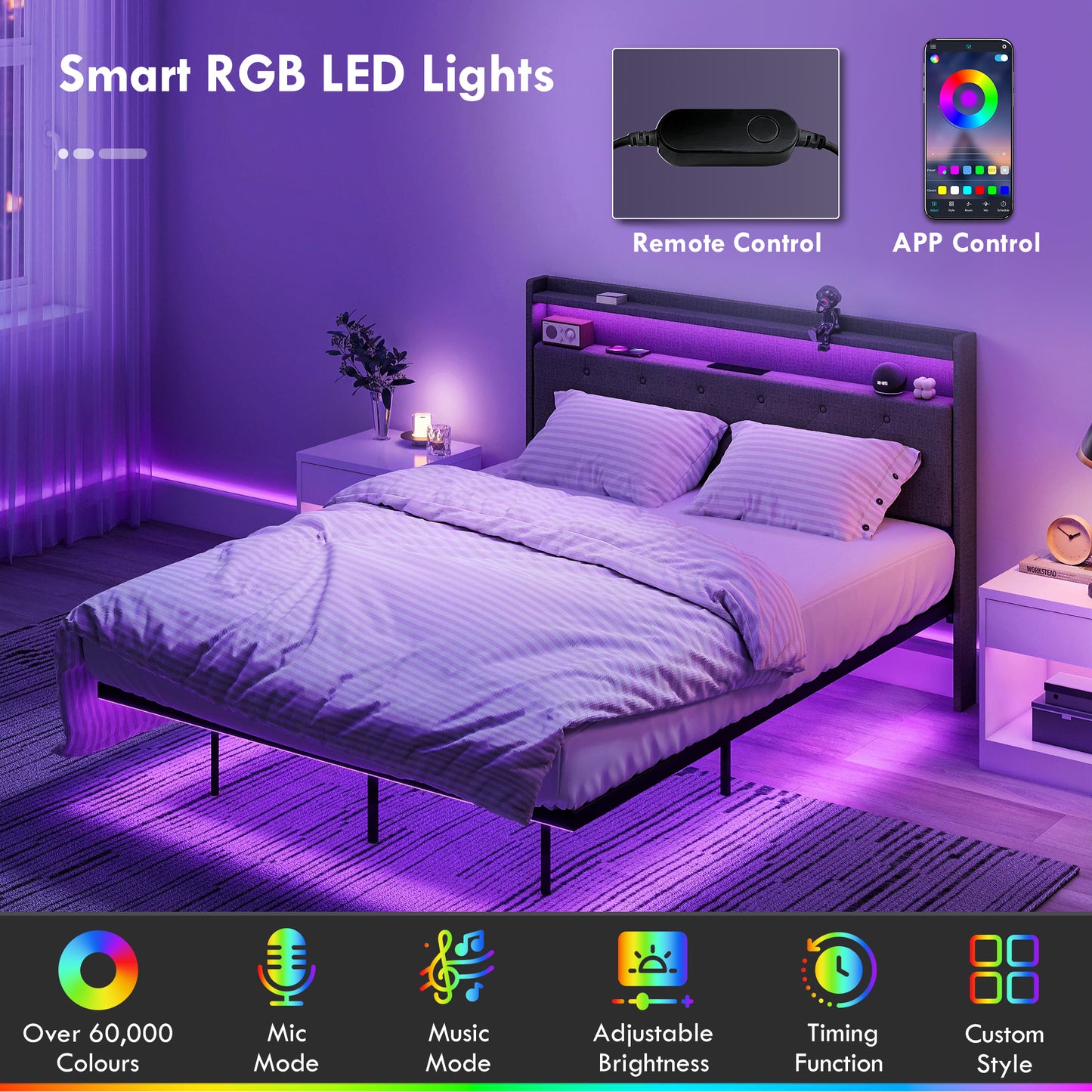 HOMCOM Floating Upholstered 4ft6 Double Size Platform Bed With RGB LED Lights And Charging Station Grey