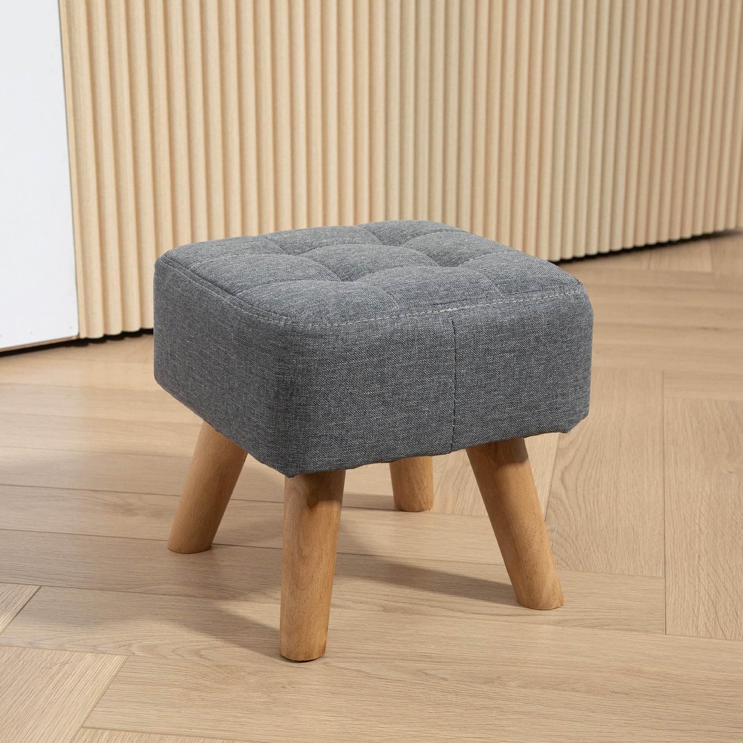 HOMCOM Stylish Grey Tufted Foot Stool with Rubber Wood Legs and Padded Seat for Living Room, Bedroom, and Entryway - ALL4U RETAILER LTD