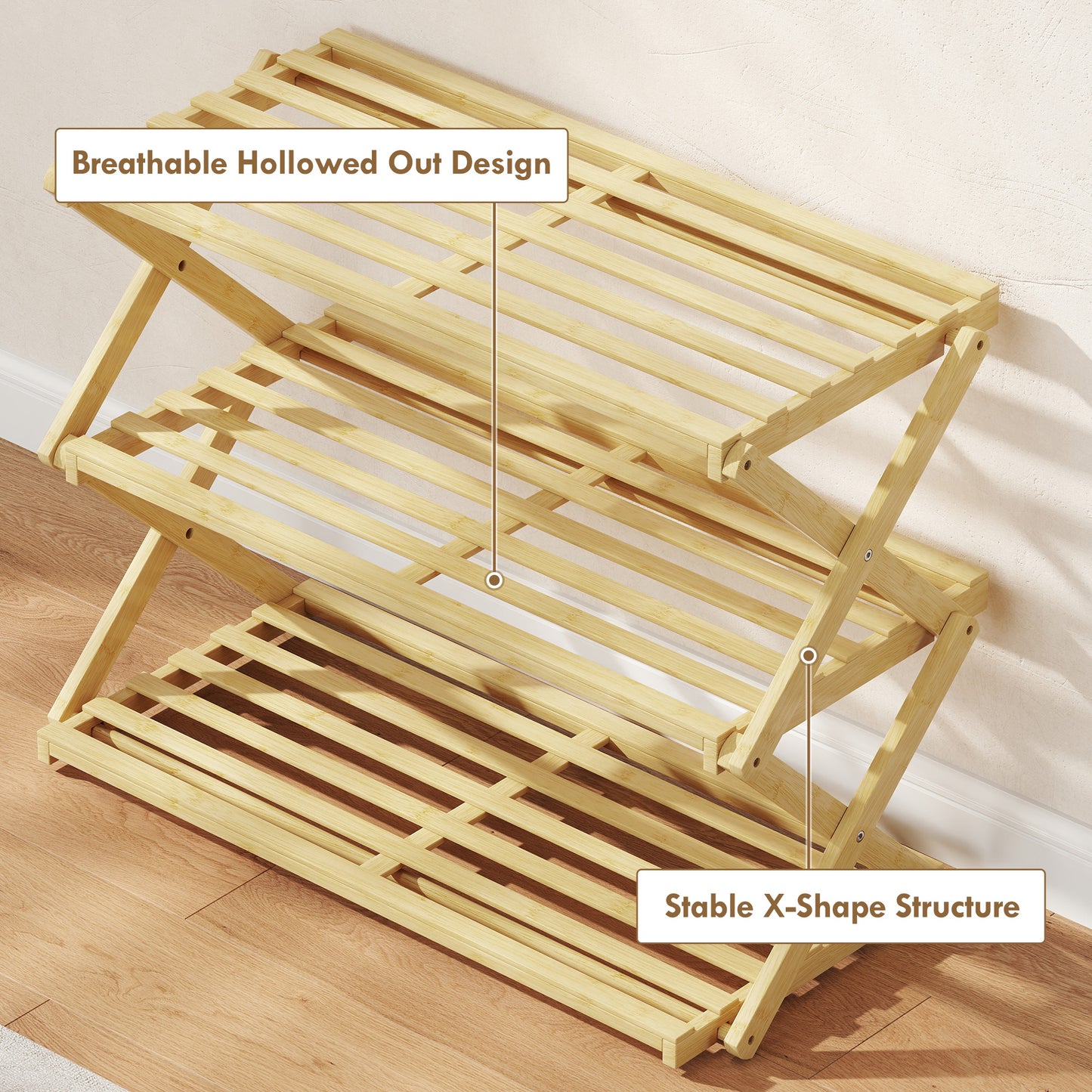 HOMCOM Three Tier Folding Bamboo Shoe Rack Natural Finish Holds Up To Nine Pairs Of Shoes And Boots