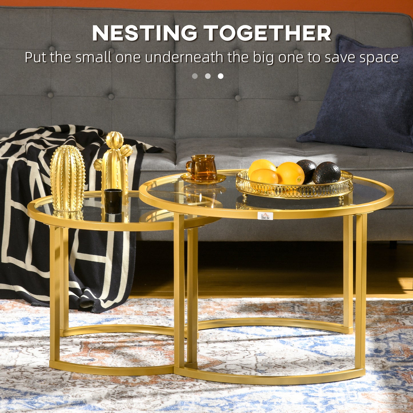 HOMCOM Nest of Tables Coffee Table Set of 2 With Tempered Glass Tops and Gold Tone Steel Frame for Living Room