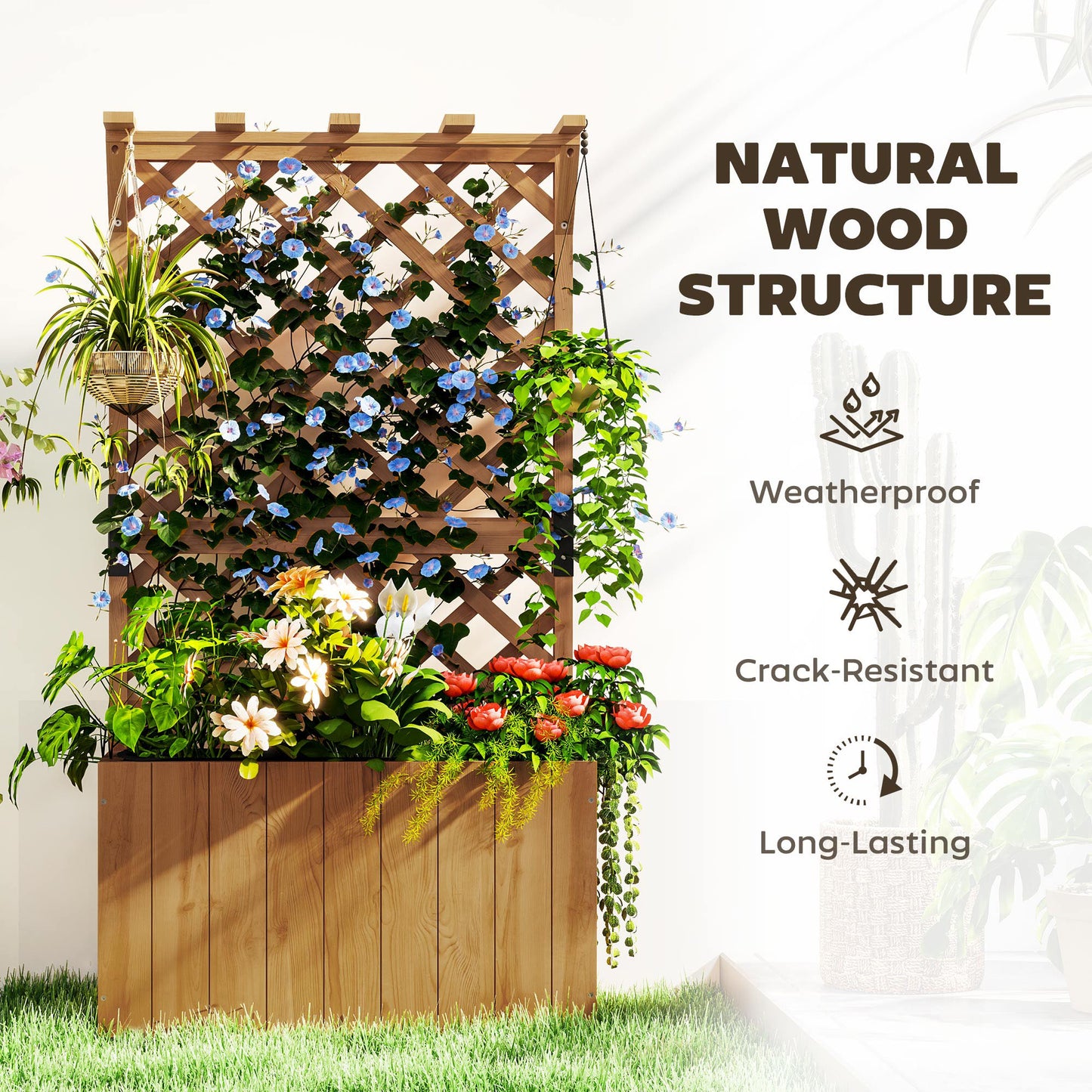 Outsunny Wooden Planter With Trellis Freestanding Raised Garden Bed Drainage Holes Liner Outdoor Natural
