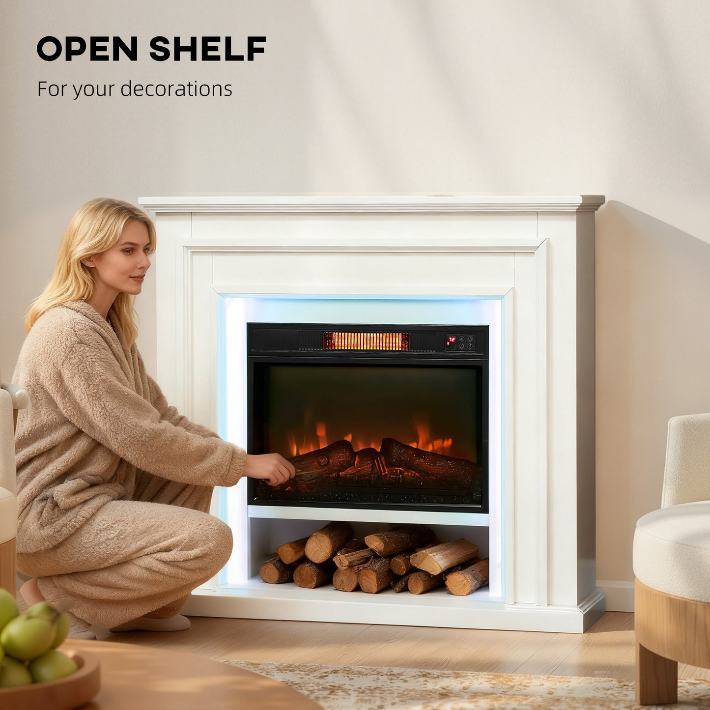 HOMCOM 4777 BTU Multicolour LED Electric Fireplace White Realistic Flame Effect Custom RGB Lighting Thermostat And Timer