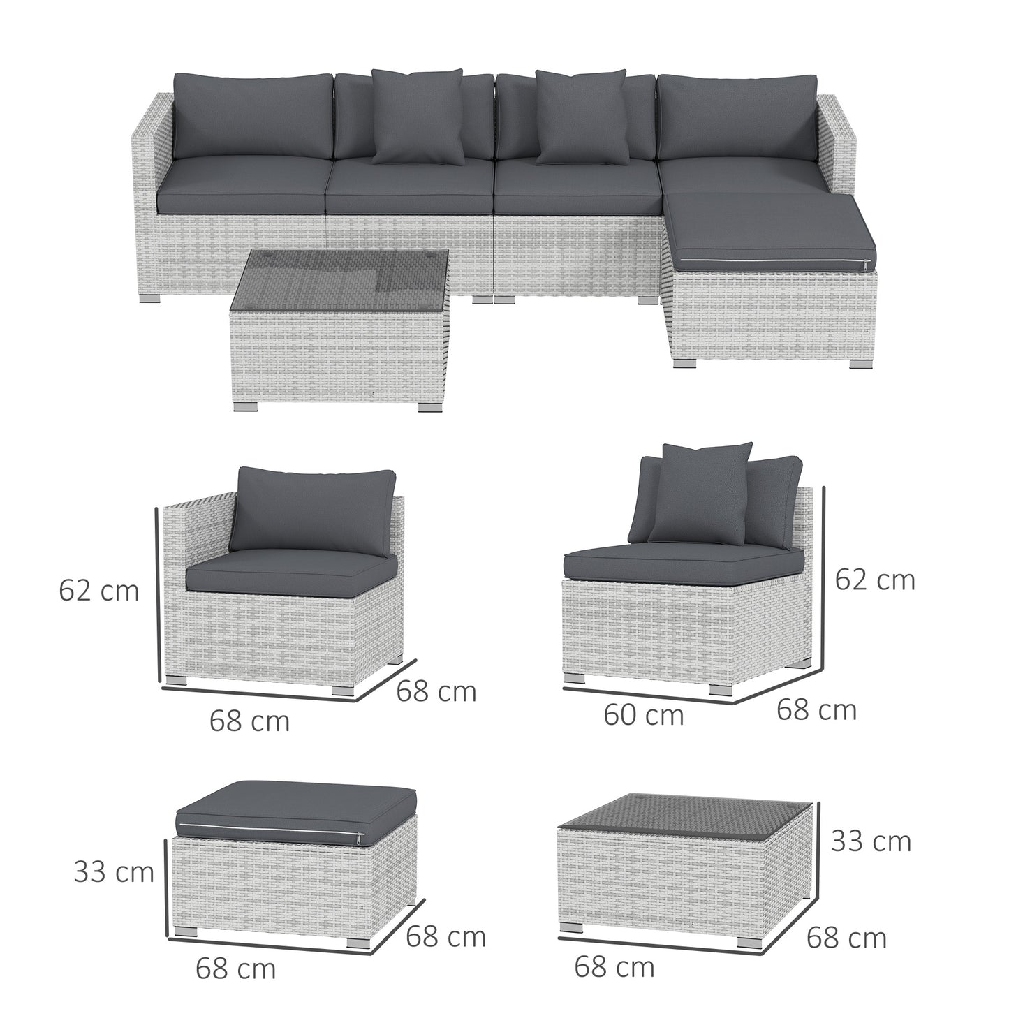 Outsunny 6 Piece Rattan Corner Sofa Set Outdoor With Metal Frame And PE Rattan Glass Top Coffee Table Mixed Grey