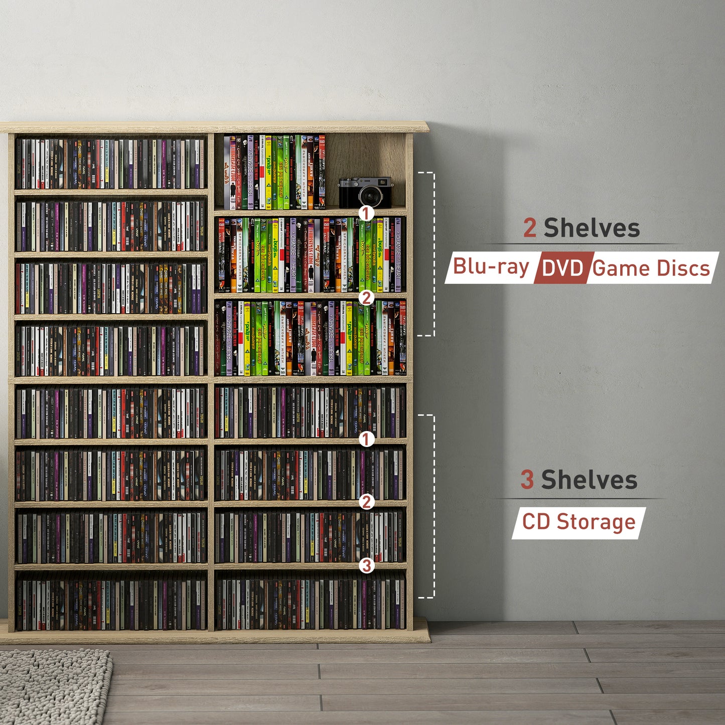 HOMCOM 16 Compartment Media Shelf Nature Wood Finish With 12 Adjustable Shelves Holds 720 CDs 396 DVDs Blu Rays