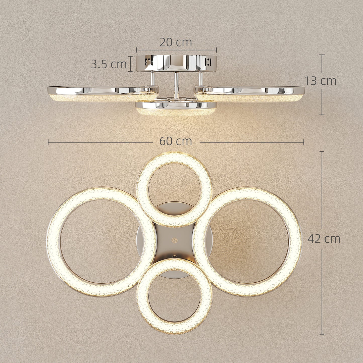 HOMCOM LED Ceiling Light 4 Ring Flush Mount With Wall Switch Control 40W 4350lm 3500K 4500K 6000K Silver