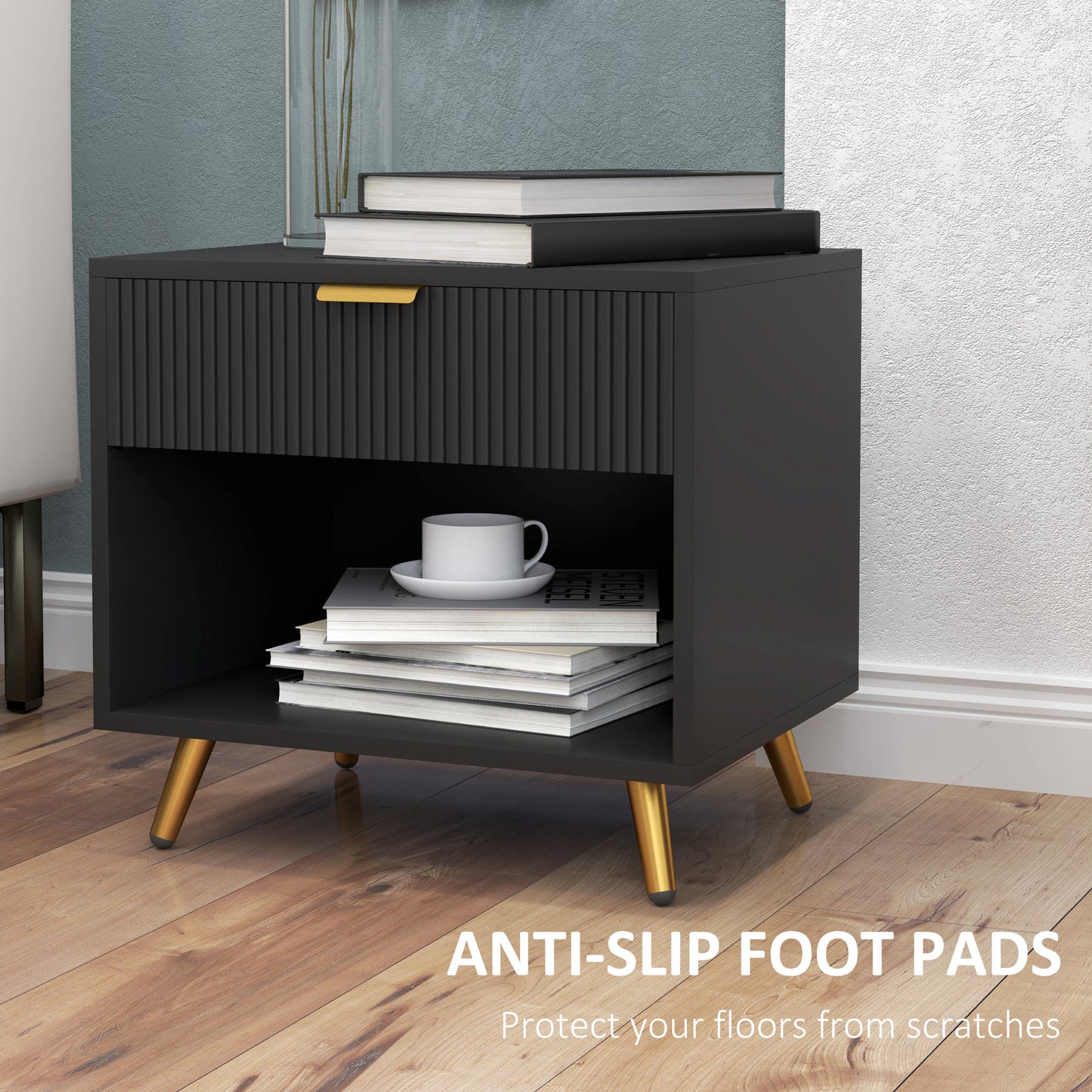 HOMCOM Elegant Bedside Table Set of 2 With Drawer and Shelf Black Gold Tone Finish