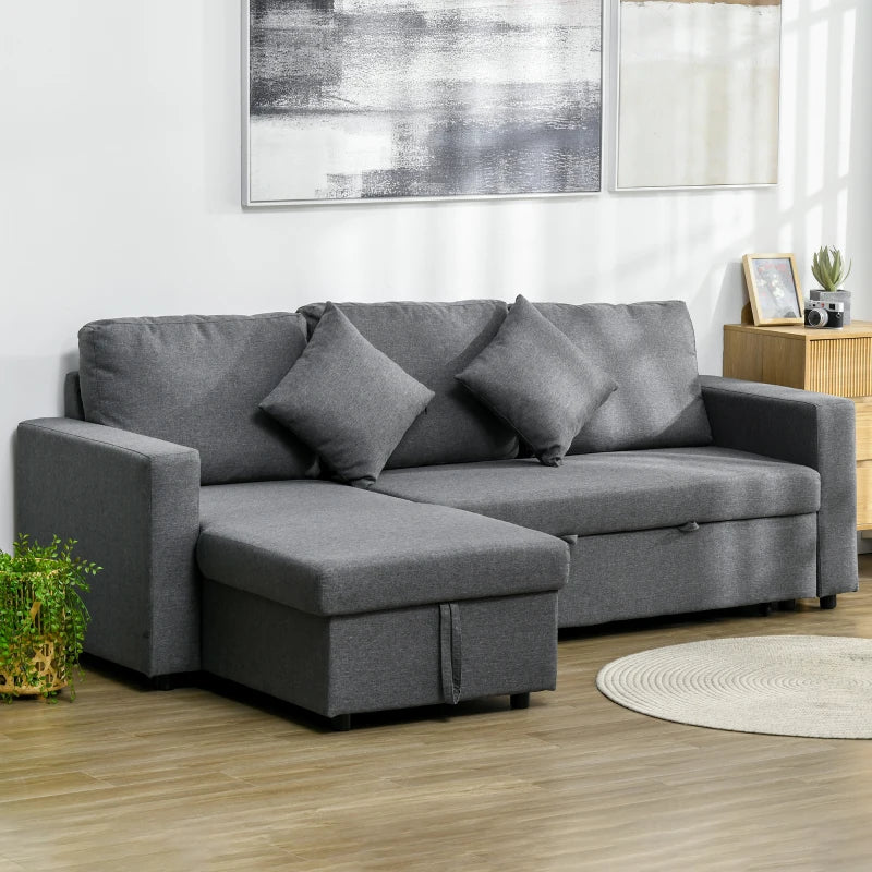 HOMCOM Dark Grey 3 Seater Corner Sofa Bed with Storage, Pull Out Convertible L Shape Couch with Reversible Chaise Lounge for Living Room - ALL4U RETAILER LTD