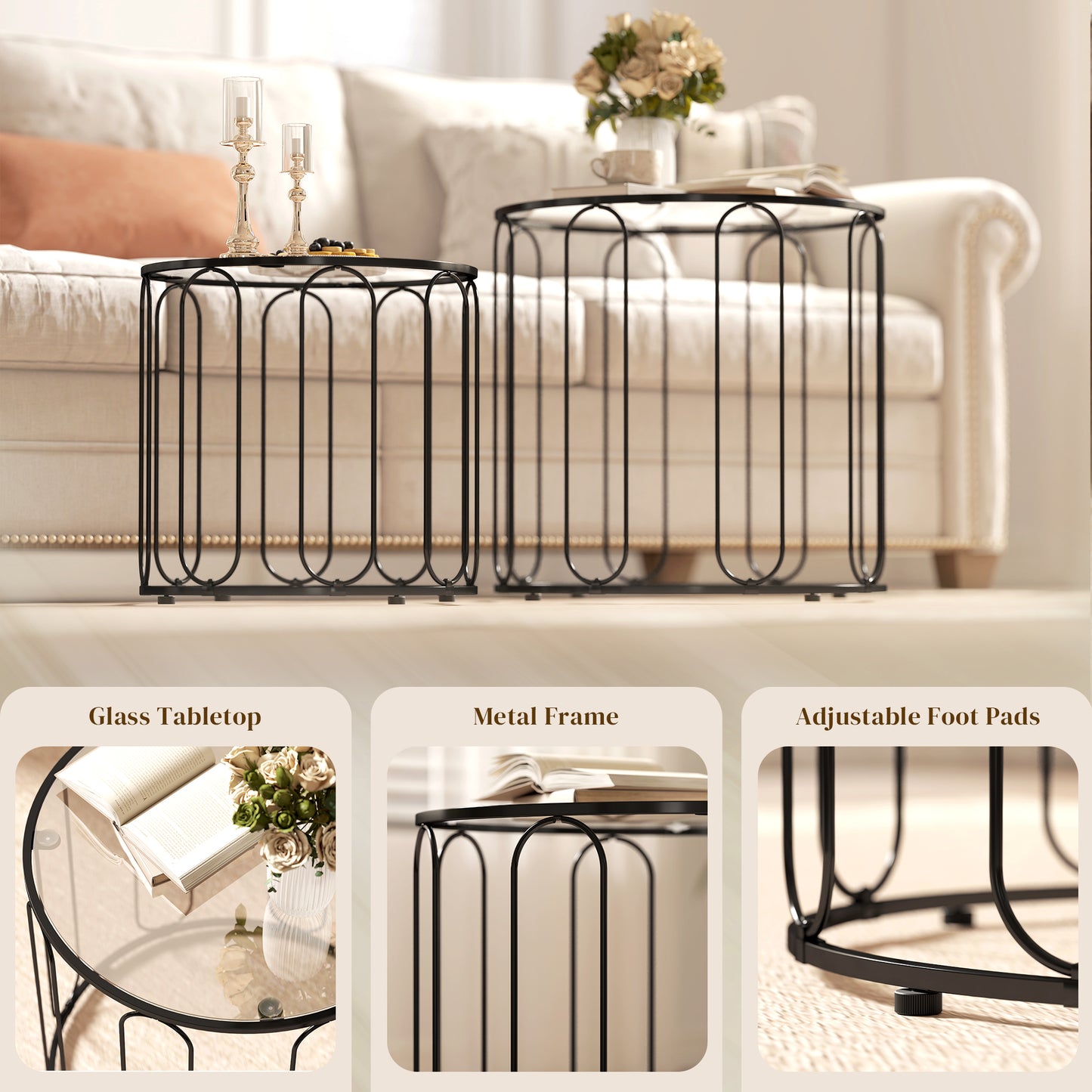 HOMCOM Elliptical Cutout Nesting Tables Black Glass Top With Metal Ring Frame Two Piece Set