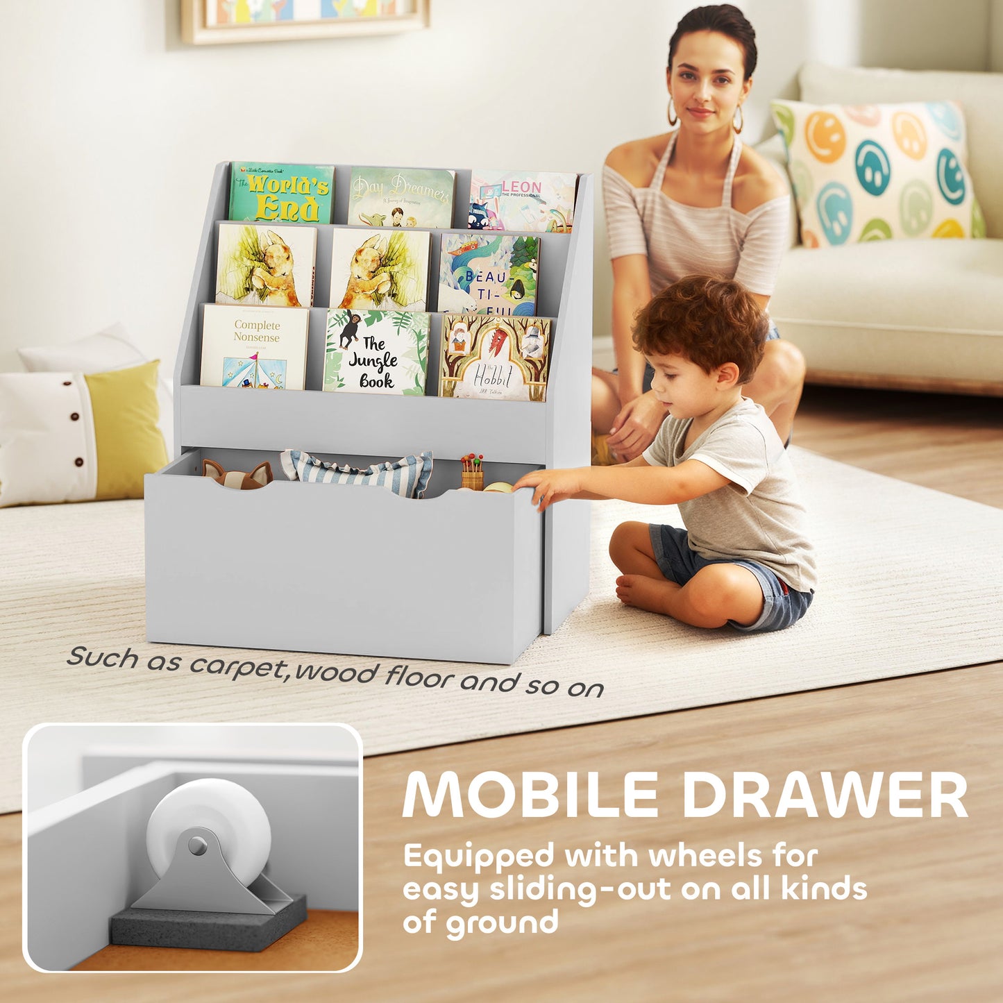 AIYAPLAY Kids Bookcase With Three Shelves And Drawer On Wheels In Grey For Bedroom And Playroom