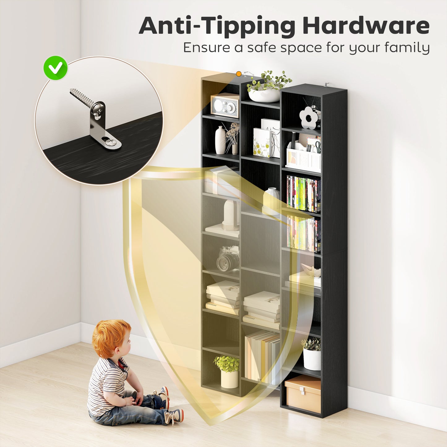 HOMCOM 21 Compartment Tall Bookshelf with Adjustable Shelves Black Finish for Living Rooms