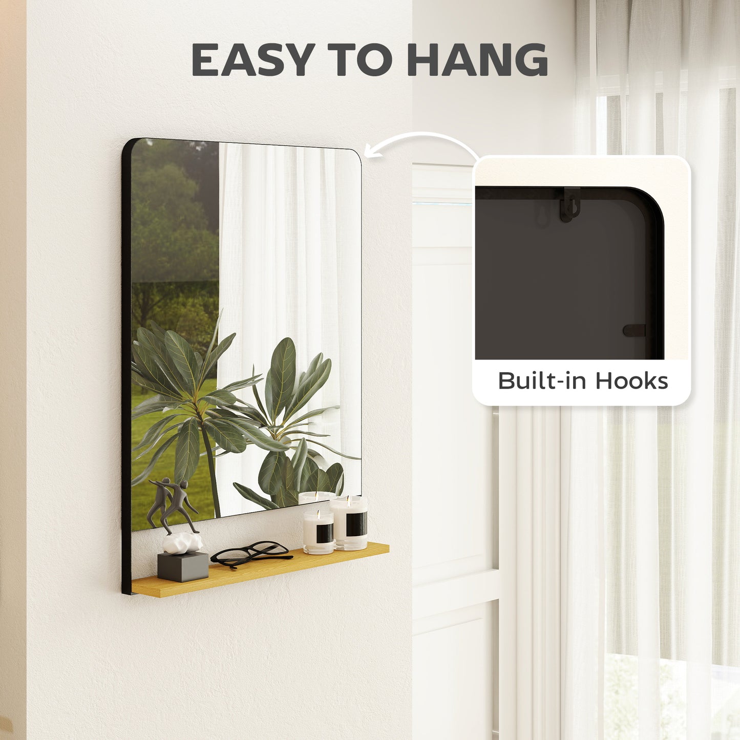 Homcom Wall Mirror With Wood Shelf Black Metal Frame Industrial Entryway Decor Solution