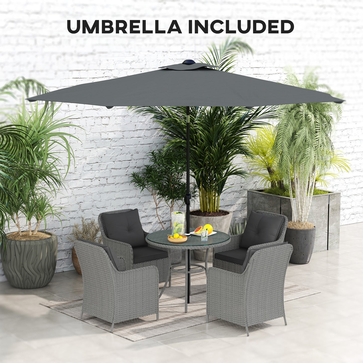 Outsunny 4 Seater Rattan Outdoor Dining Set With Round Table Parasol And Cushions Light Grey